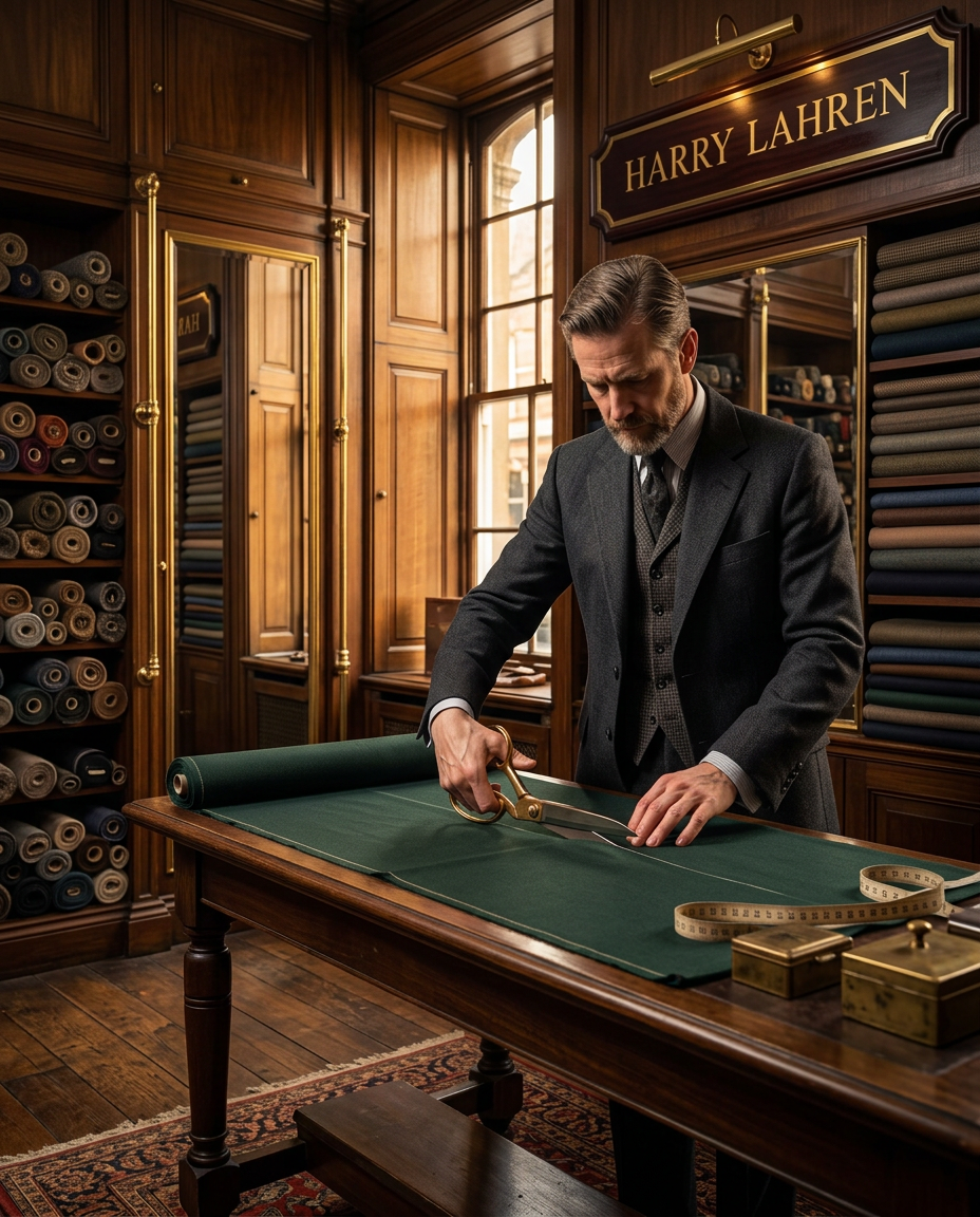 Inside the Harry Lahren royal tailor store — a master tailor in a three-piece suit cutting fabric at a wood-panelled atelier