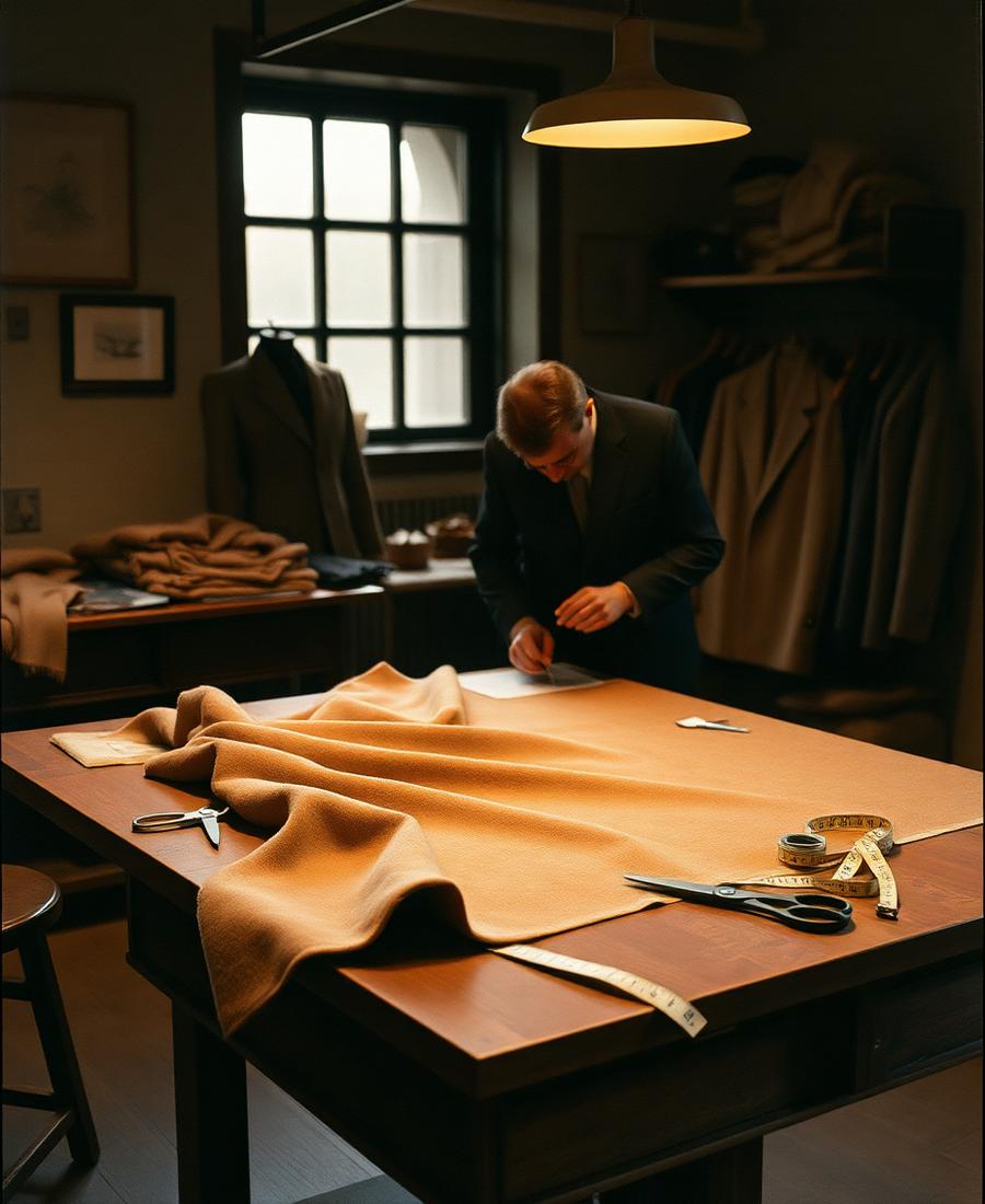 Tailor cutting vicuna cashmere and camel hair double-faced cloth