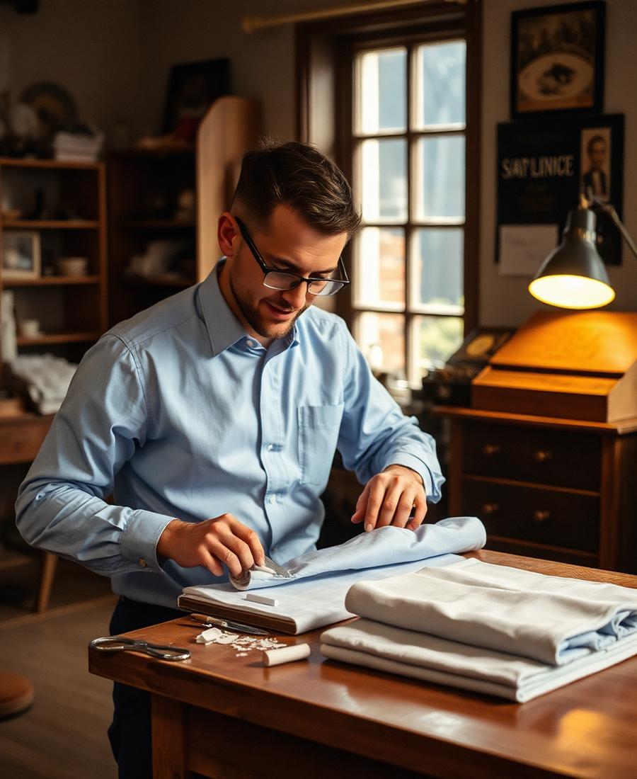 Tailor cutting pale blue sea-island cotton shirting poplin