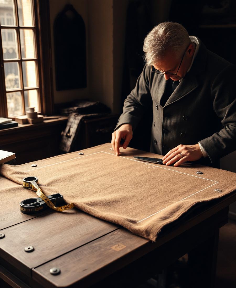 Tailor cutting tobacco brushed flannel cloth with chalk lines