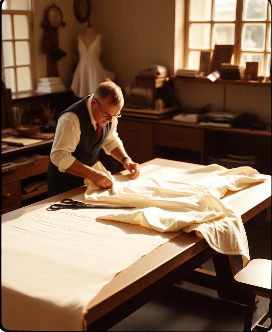 Tailor cutting ivory Irish linen cloth in the cutting room